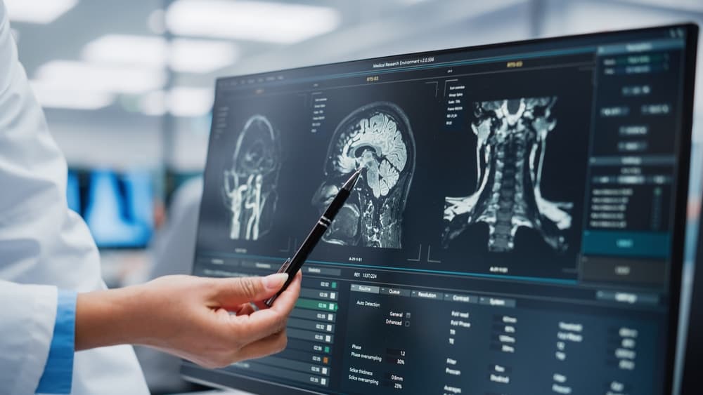 In a medical hospital, a neurologist and a neurosurgeon collaborate, utilizing computer technology to analyze an MRI scan of a patient's brain, aiming to diagnose any underlying conditions. 