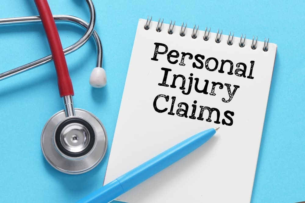 Overview of Personal Injury Claims: Write in Notepad. A stethoscope and 
a pen with sky blue background.