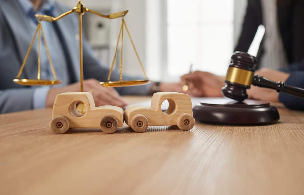 Two little small wooden toy cars that have hit each other standing on office desk with judge mallet, justice scales, and people with accident lawyer in background.