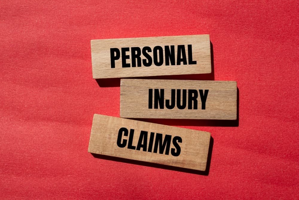 Personal injury claims written on wooden blocks with red background. Conceptual personal injury claims symbol. 